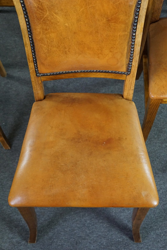 Image 1 of Set of six sheep leather dining chairs with light wood frame