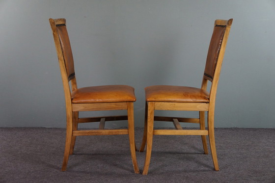 Image 1 of Set of six sheep leather dining chairs with light wood frame