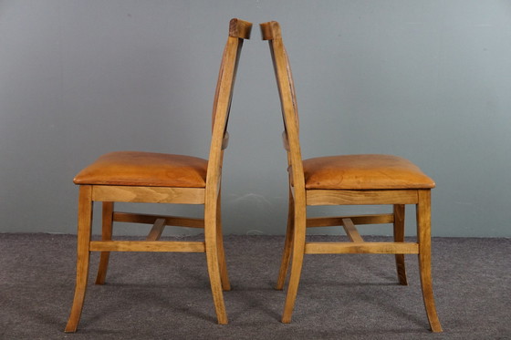 Image 1 of Set of six sheep leather dining chairs with light wood frame