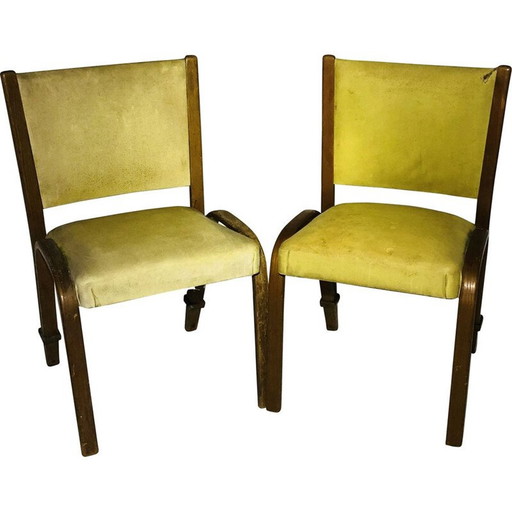 Pair of vintage bow-wood chairs in fabric and oak by wilhem von bole for steiner