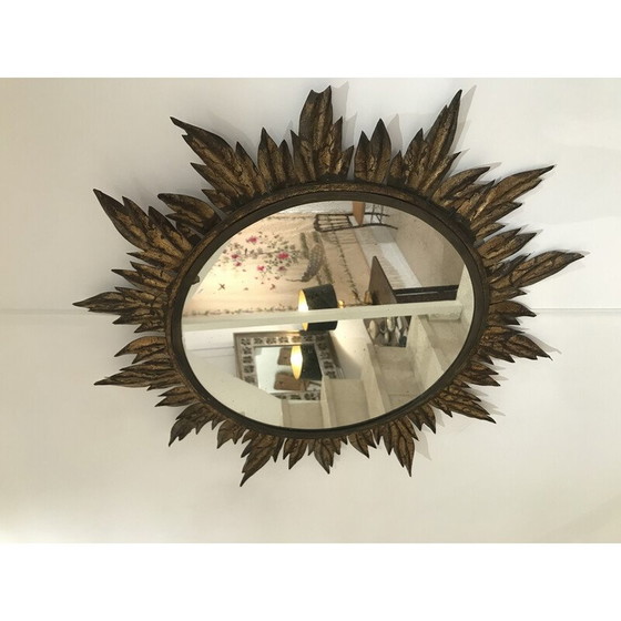 Image 1 of Specchio solare vintage decorato con foglie in metallo dorato, 1950