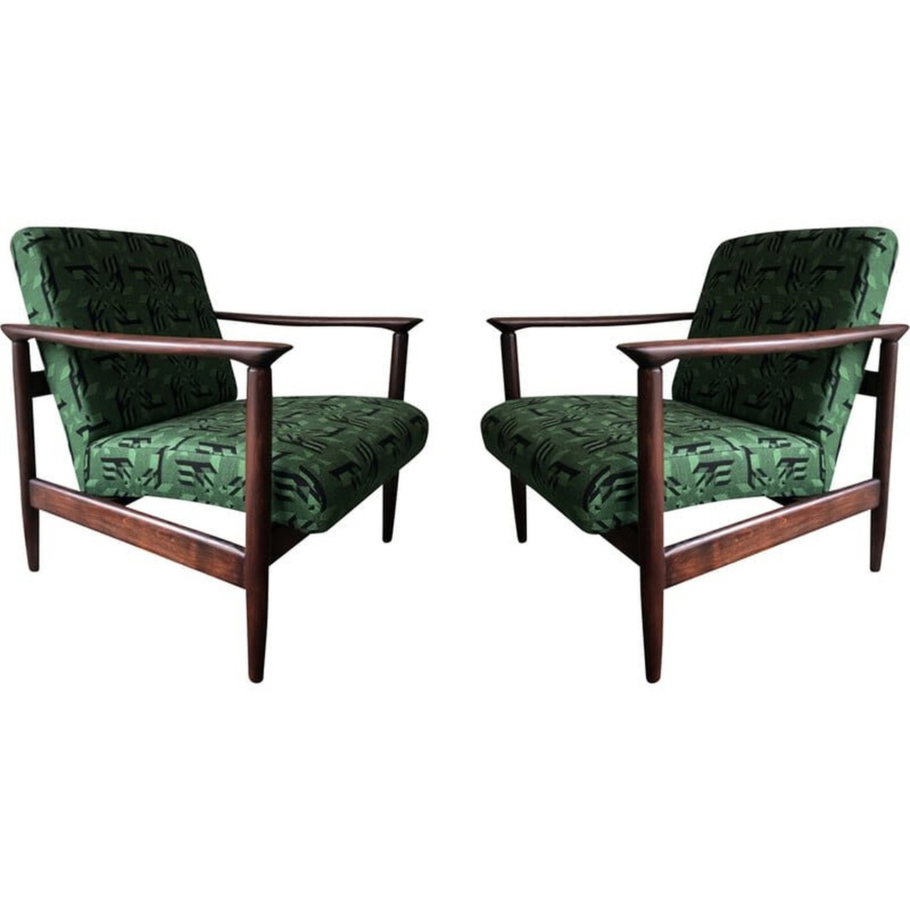 Pair of mid century armchairs in green Jacquard by Edmund Homa