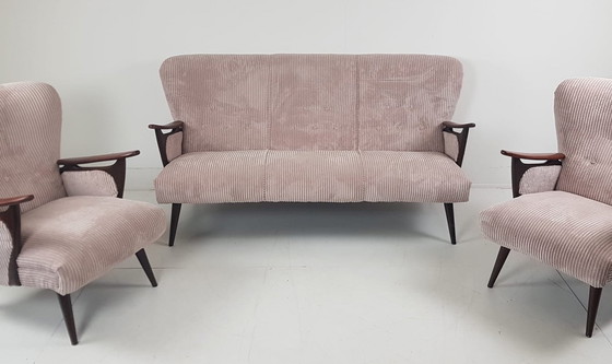 Image 1 of Vintage Armchairs + Sofa | Sofa Set Pink Ribbed Fabric New Teak