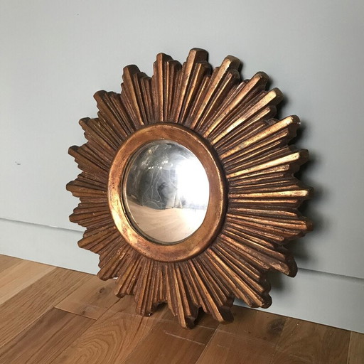 Specchio vintage a raggiera in legno dorato, 1950