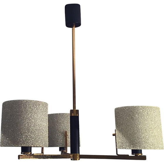 Image 1 of Pendente vintage Arlus in ottone, legno e lacca nera, Francia 1960