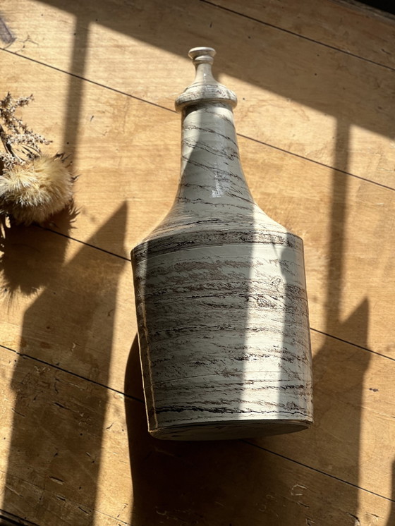 Image 1 of Large Enameled and Marbled Handmade Ceramic Stoneware Bottle