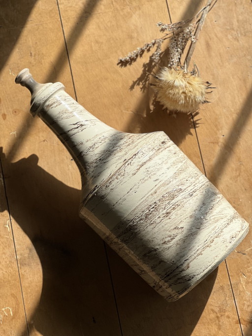 Large Enameled and Marbled Handmade Ceramic Stoneware Bottle