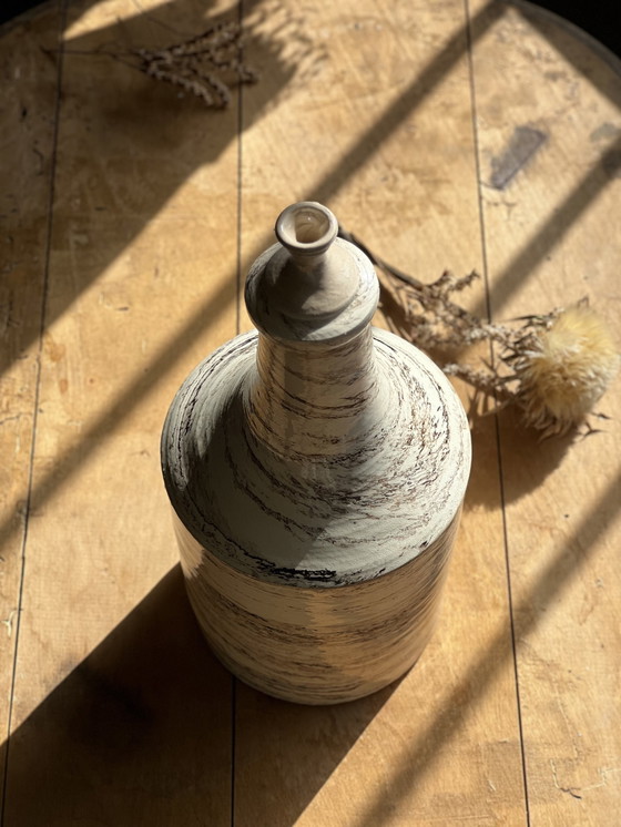 Image 1 of Large Enameled and Marbled Handmade Ceramic Stoneware Bottle