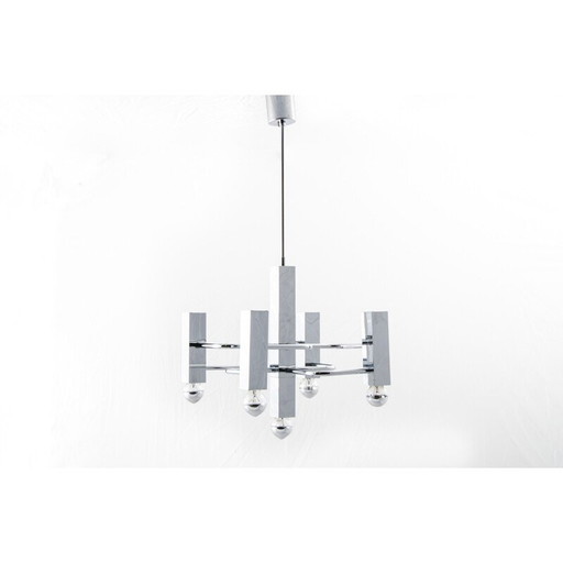 Vintage chandelier in chromed steel by Gaetano Sciolari for SA Boulanger, 1970