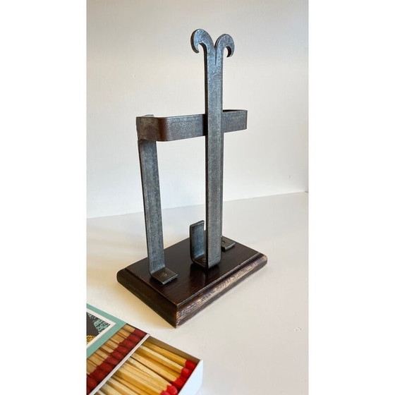 Image 1 of Vintage steel and wood fireplace accessory