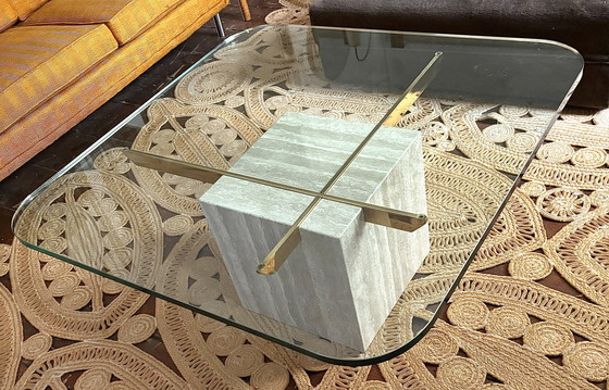 Image 1 of Tavolino da caffè in travertino, ottone e vetro, Artedi Italia, anni '70 