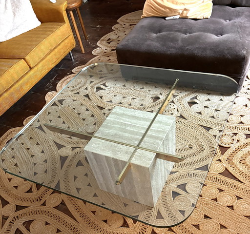 Artedi Italie Vintage 1970's Table à café en laiton travertin verre