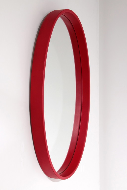Large Vintage Mirror With Red Faux Leather Frame