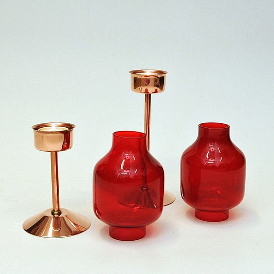 Image 1 of Pair of vintage bronze candlesticks with red glass domes by Gnosjö Konstmide, Sweden 1960