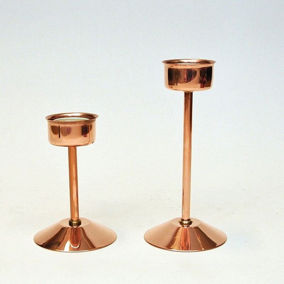 Image 1 of Pair of vintage bronze candlesticks with red glass domes by Gnosjö Konstmide, Sweden 1960