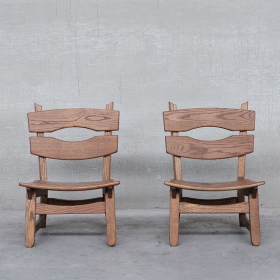Image 1 of Set of 7 Brutalist mid-century low wooden chairs, Belgium 1970s