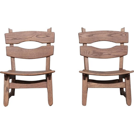 Set of 7 Brutalist mid-century low wooden chairs, Belgium 1970s