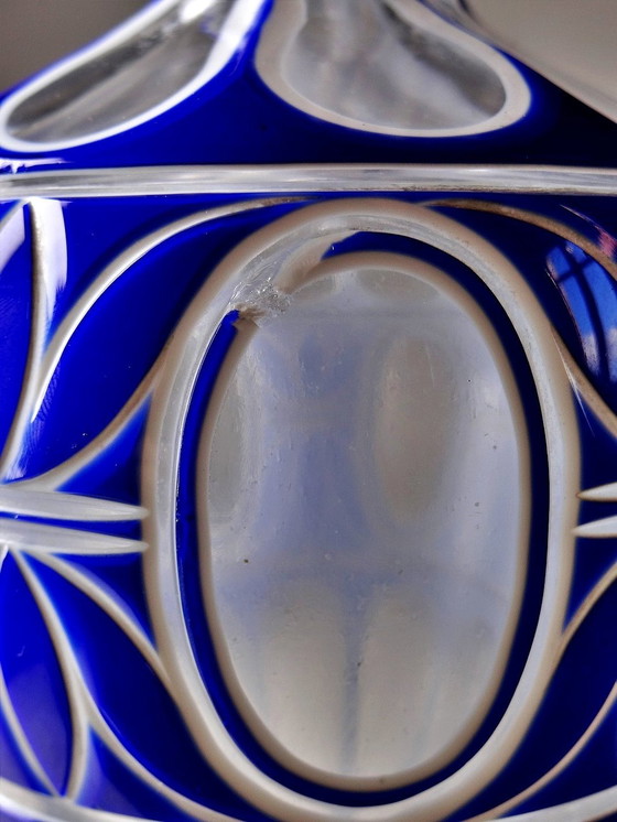 Image 1 of Rare Small "Overlay" Cut Crystal Baluster Vase Antique Blue And White Enamel