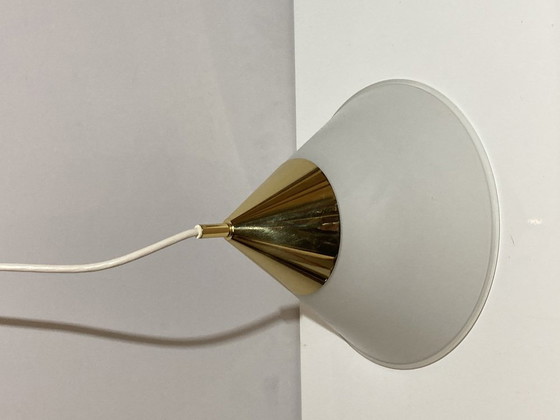 Image 1 of Brass And Opaline Glass Hanging Space Age Lamp By Limburg Glashütte