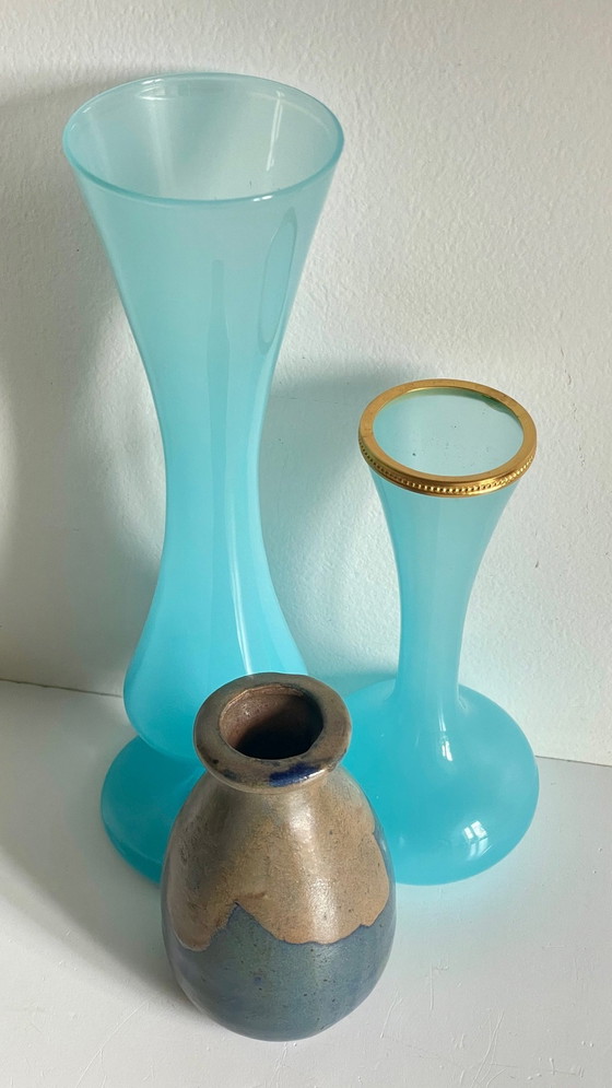 Image 1 of Vintage Blue Gres And Opaline Glass Vases