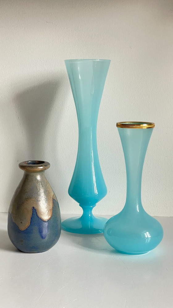 Image 1 of Vintage Blue Gres And Opaline Glass Vases