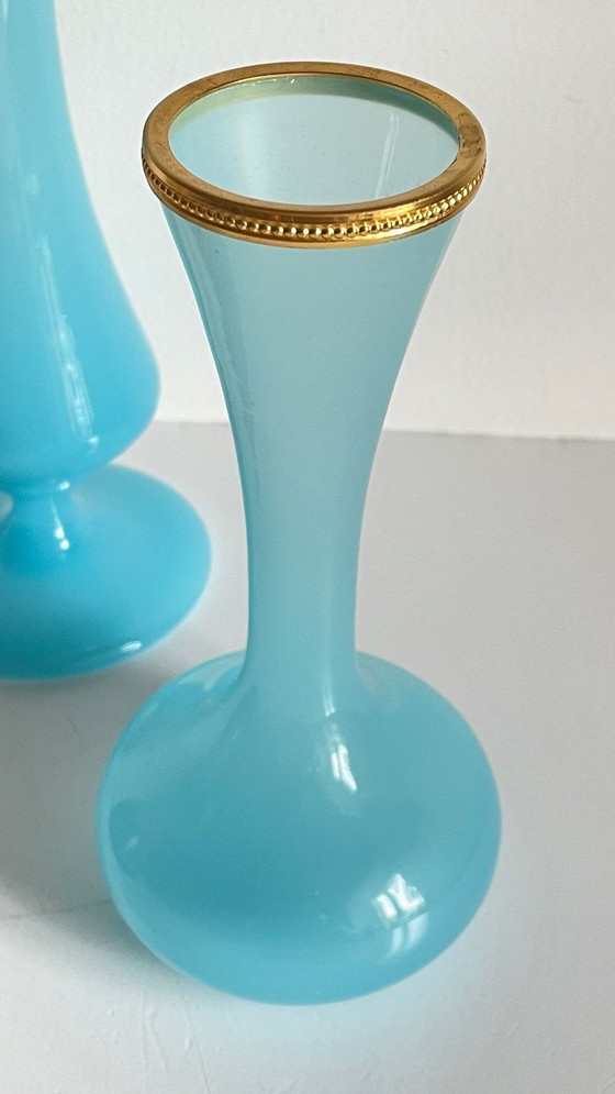 Image 1 of Vintage Blue Gres And Opaline Glass Vases