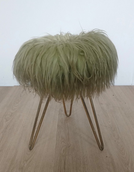 Image 1 of Tabouret en poil de chèvre avec pieds en épingle à cheveux