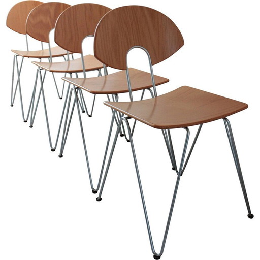 Set of 4 vintage Mikado 1800 chairs in steel and wood by Walter Leeman for Kusch+Co