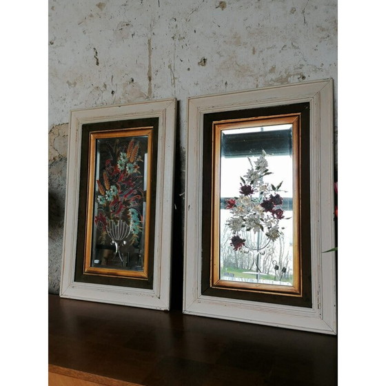 Image 1 of Pair of vintage engraved and hand painted mirrors in white wood