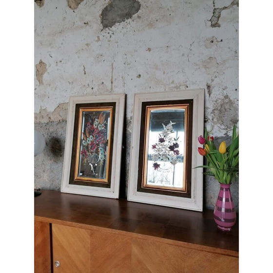 Image 1 of Pair of vintage engraved and hand painted mirrors in white wood