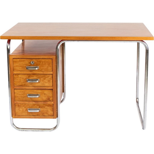 Vintage beechwood and steel desk by Rudolf Vichr for Vichr and Co, Prague 1930s