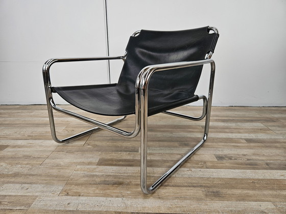 Image 1 of Attico Armchair By Antonello Mosca In Black Leather And Tubular Steel