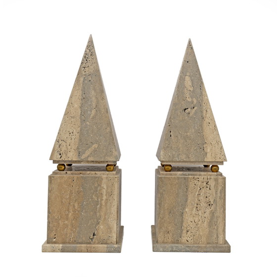 Image 1 of Pair Of Italian Minimalist Roman Travertine Obelisk, Italy, 1970