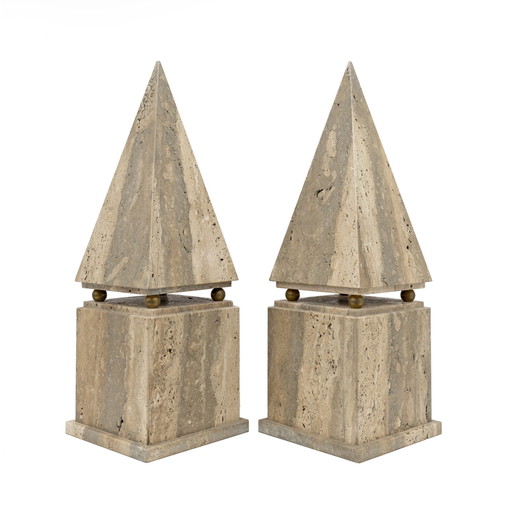 Pair Of Italian Minimalist Roman Travertine Obelisk, Italy, 1970