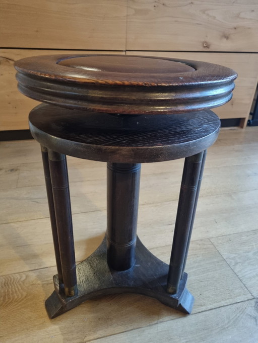 Height Adjustable Piano Stool, Solid Oak With Leather Seat And Brass Accents