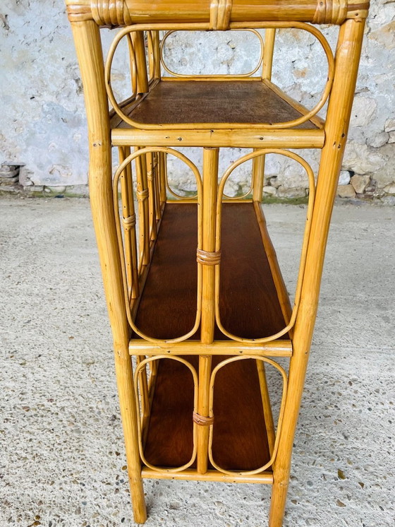 Image 1 of Mid-Century, Vintage, Bamboo and Rattan 3 Tier Shelf, 1960’s