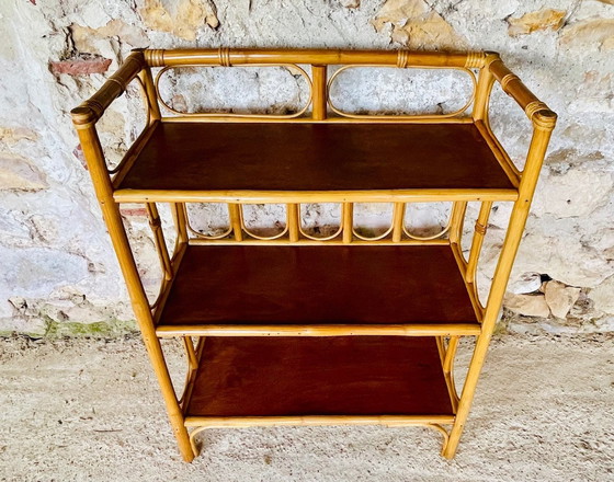 Image 1 of Mid-Century, Vintage, Bamboo and Rattan 3 Tier Shelf, 1960’s