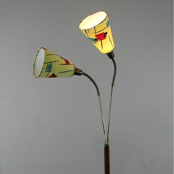 Image 1 of Lampada da terra vintage in legno di teak con base in ferro laccato e ottone, Francia 1950