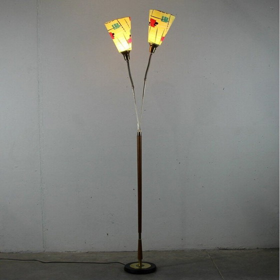 Image 1 of Lampada da terra vintage in legno di teak con base in ferro laccato e ottone, Francia 1950