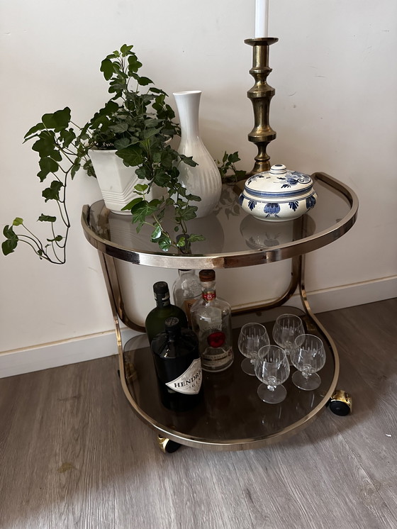 Image 1 of Brass smoked glass side table serving trolley