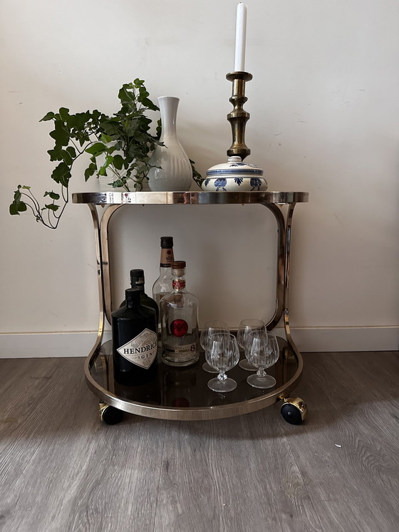 Image 1 of Brass smoked glass side table serving trolley