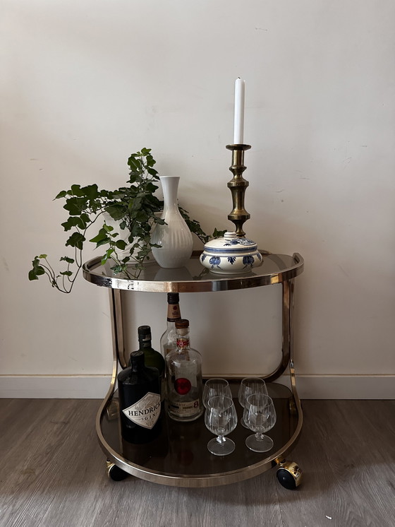 Image 1 of Brass smoked glass side table serving trolley