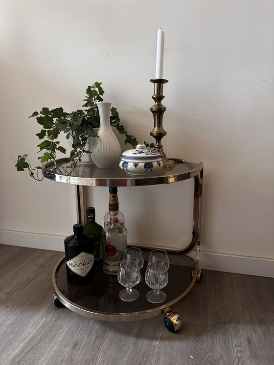 Image 1 of Brass smoked glass side table serving trolley