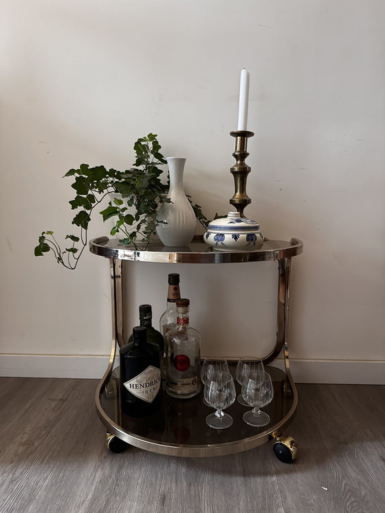 Image 1 of Brass smoked glass side table serving trolley