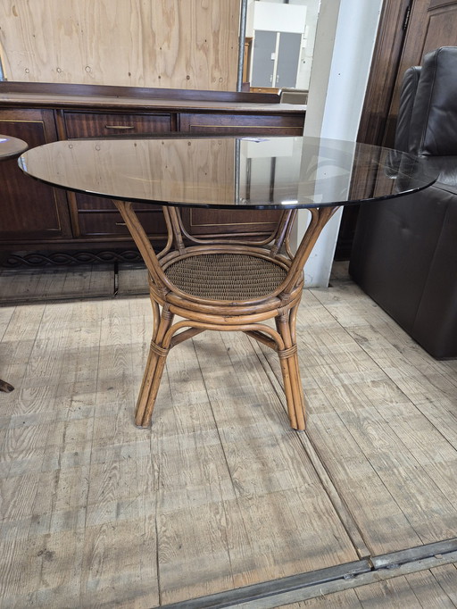 Rattan Dining Table Brown Glass