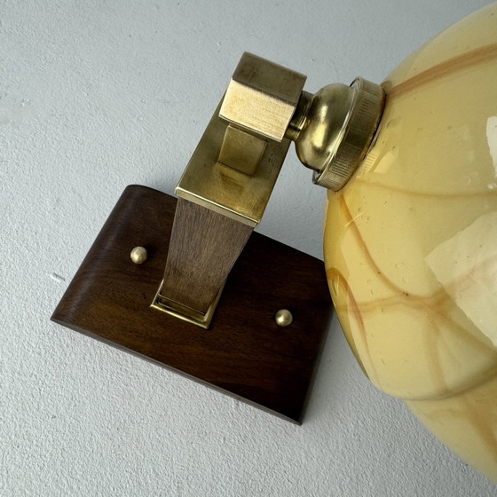 Image 1 of Antique Art-Deco Glass And Wood Wall Lamp