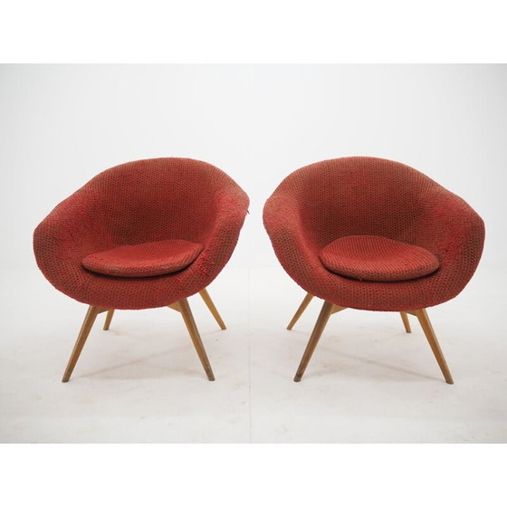 Image 1 of Pair of vintage armchairs in wood and synthetic sheepskin by Miroslav Navratil, Czechoslovakia 1960