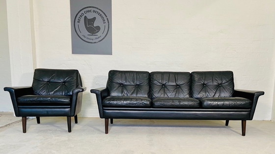 Image 1 of Vintage Danish Retro Nili Stoppmøbler 3 Person Sofa In Black Leather 1960S