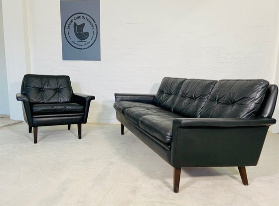 Image 1 of Vintage Danish Retro Nili Stoppmøbler 3 Person Sofa In Black Leather 1960S