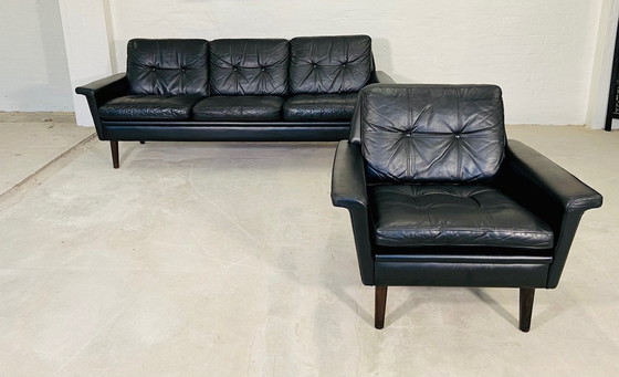 Image 1 of Vintage Danish Retro Nili Stoppmøbler 3 Person Sofa In Black Leather 1960S